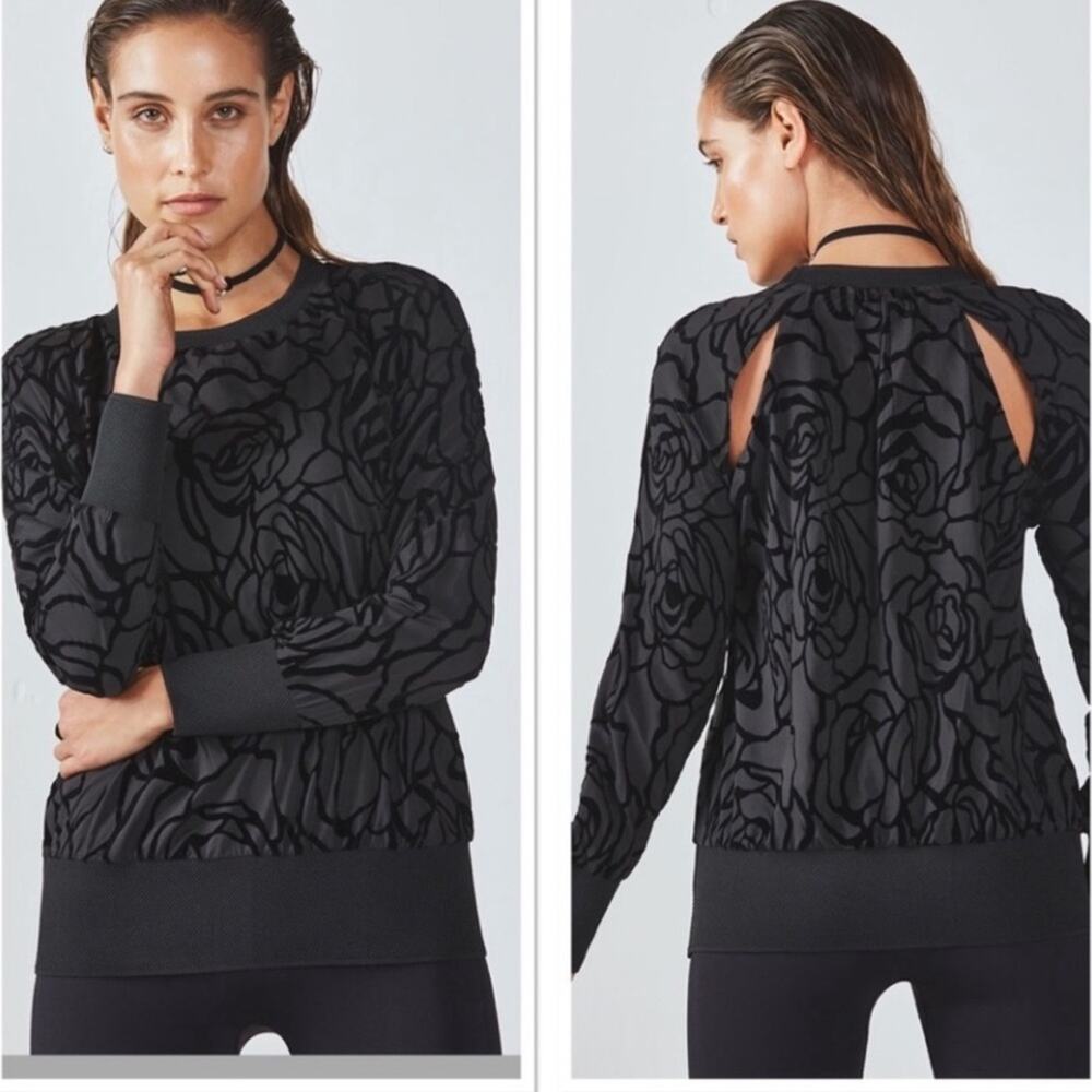 Fabletics Lola Back at it Black Rose Print Flock Long Sleeve Top Size M